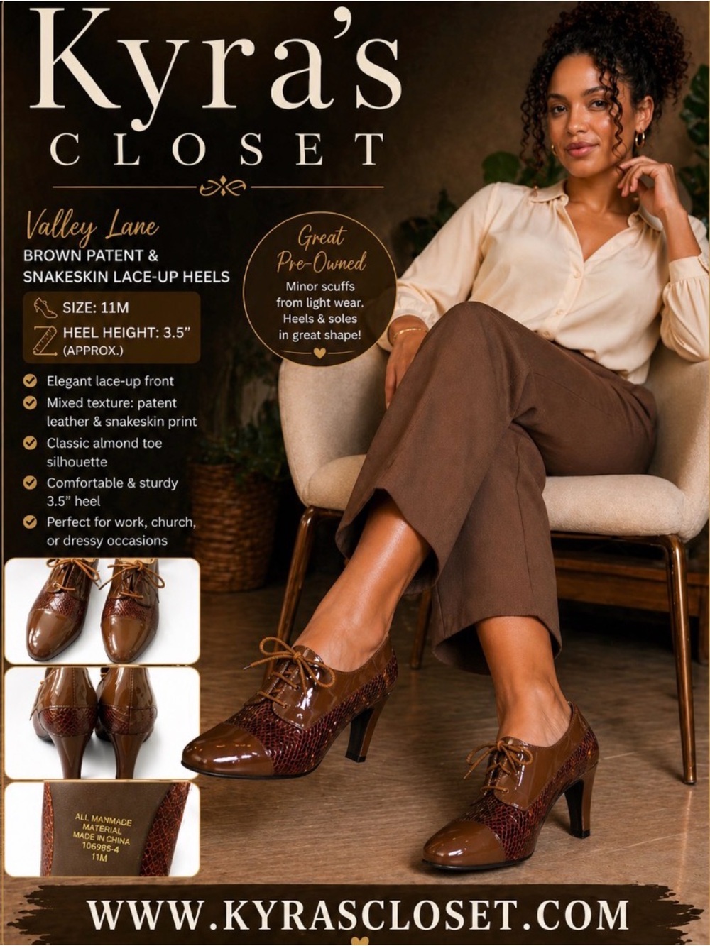 Valley Lane Brown faux Patent & faux Snakeskin Heels | Size 11M | 3.5” Heel